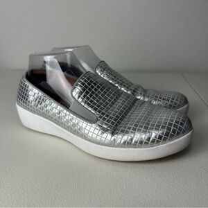 FitFlop Silver Metallic Leather Superskate Raffia Wedge Loafers Size 10